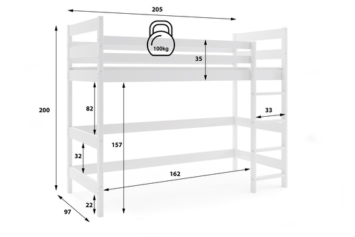 Drveni dječji povišeni krevet Antresola - 200x90 cm - bijeli