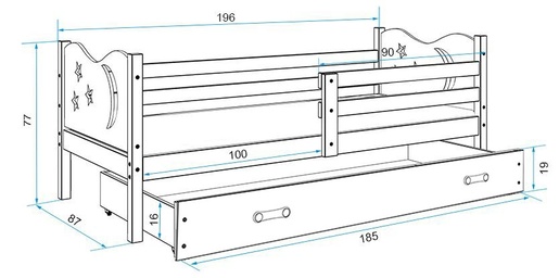 Drveni dječji krevet Max s ladicom - bijeli - 190x80 cm - Gratis madrac od PE pjene - 8cm debljine