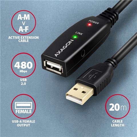 Axagon ADR-220 aktivni produžni kabel, USB AM 2.0 > USB BM, 20m