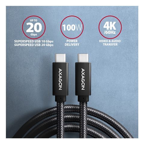 Axagon BUCM32-CM20AB kabel, USB-C, 20Gbps, 2m, crna
