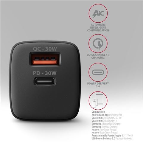Axagon ACU-PQ30 zidni punjač, USB-C+USB-A, 30W, crni