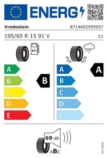 Vredestein 195/65R15 Ultrac+ 91V,Pot: B,Pri: A,Buka: 69dB