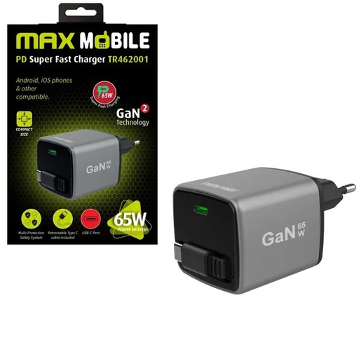 MaxMobile brzi kućni punjač, PD, GaN, 65W, USB-C + kabel