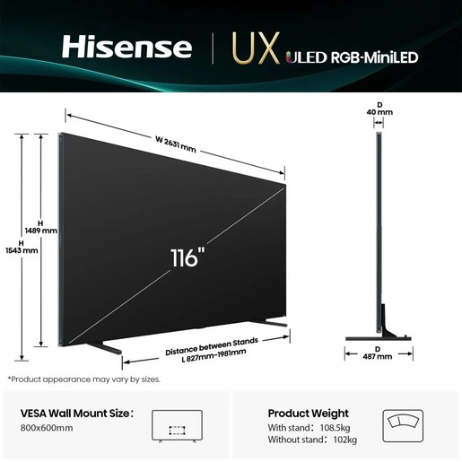 Hisense 116" RGB-MiniLED TV 116UXQ, 4K Ultra HD, VIDAA Smart, Hi-View AI Engine, 165Hz Game Mode Ultra