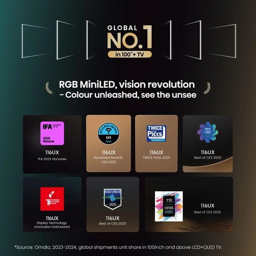 Hisense 116" RGB-MiniLED TV 116UXQ, 4K Ultra HD, VIDAA Smart, Hi-View AI Engine, 165Hz Game Mode Ultra