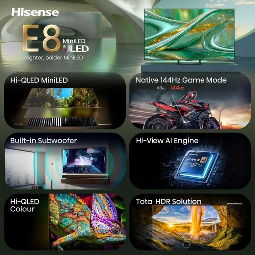 Hisense 55" ULED MiniLED TV 55E8S, 4K Ultra HD, VIDAA Smart, Hi-View AI Engine Pro, 144Hz Game Mode