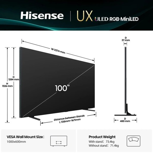 Hisense 100" UXQ MiniLED TV 100UXQ, 4K Ultra HD, VIDAA Smart, Hi-View AI Engine X, 165Hz Game Mode Ultra
