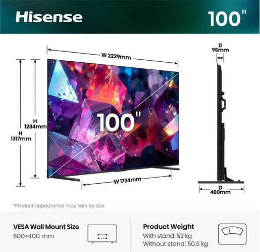 Hisense 100" Hi-QLED Smart TV 100E7S PRO, 4K Ultra HD, VIDAA Smart, 144Hz Game Mode