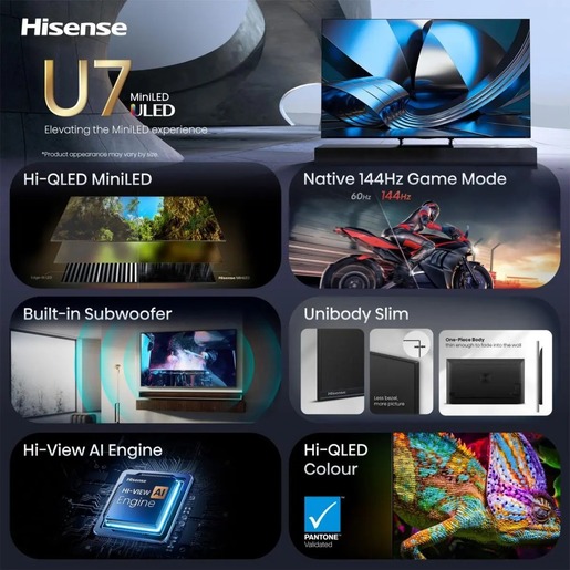 Hisense 55" ULED MiniLED TV 55U7SE,  4K Ultra HD, VIDAA Smart, Hi-View AI Engine Pro, 144Hz Game Mode