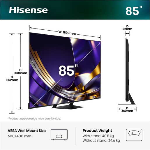 Hisense 85" ULED MiniLED TV 85U7S PRO, 4K Ultra HD, VIDAA Smart, Hi-View AI Engine Pro, 165Hz Game Mode