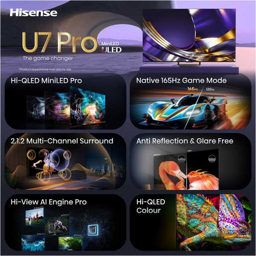 Hisense 85" ULED MiniLED TV 85U7S PRO, 4K Ultra HD, VIDAA Smart, Hi-View AI Engine Pro, 165Hz Game Mode