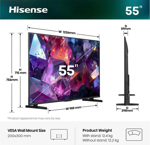 Hisense 55" Hi-QLED Smart TV 55E7S PRO, 4K Ultra HD, VIDAA Smart, 144Hz Game Mode