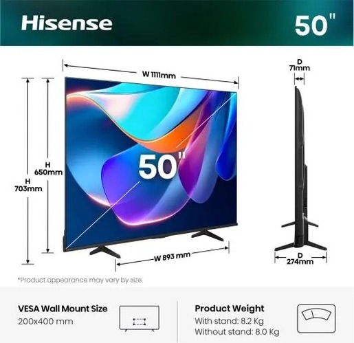 Hisense 50" UHD Smart TV 50A6S, 4K Ultra HD, VIDAA Smart, 60Hz Game Mode Plus