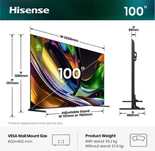Hisense 100" RGB MiniLED TV 100UR8S, 4K Ultra HD, VIDAA Smart, Hi-View AI Engine, 180Hz Game Mode