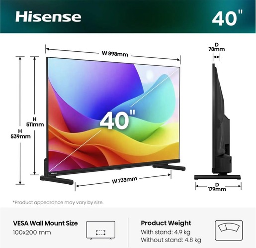 Hisense 40" Hi-QLED Smart TV 40A5S, Full HD, VIDAA Smart, 60Hz Game Mode