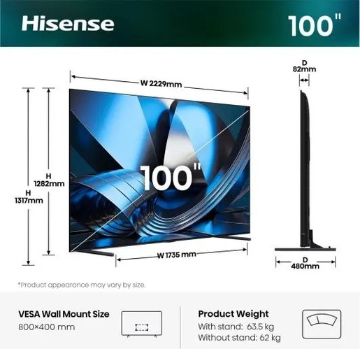 Hisense 100" ULED MiniLED TV 100U7SE, 4K Ultra HD, VIDAA Smart, Hi-View AI Engine Pro, 165Hz Game Mode