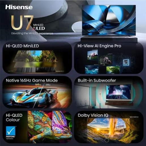 Hisense 100" ULED MiniLED TV 100U7SE, 4K Ultra HD, VIDAA Smart, Hi-View AI Engine Pro, 165Hz Game Mode