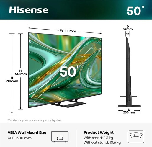 Hisense 50" ULED MiniLED TV 50E8S, 4K Ultra HD, VIDAA Smart, Hi-View AI Engine Pro, 144Hz Game Mode