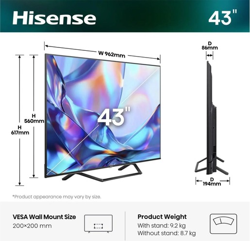 Hisense 43" Hi-QLED Smart TV 43A7S, 4K Ultra HD, VIDAA Smart, 60Hz Game Mode Plus