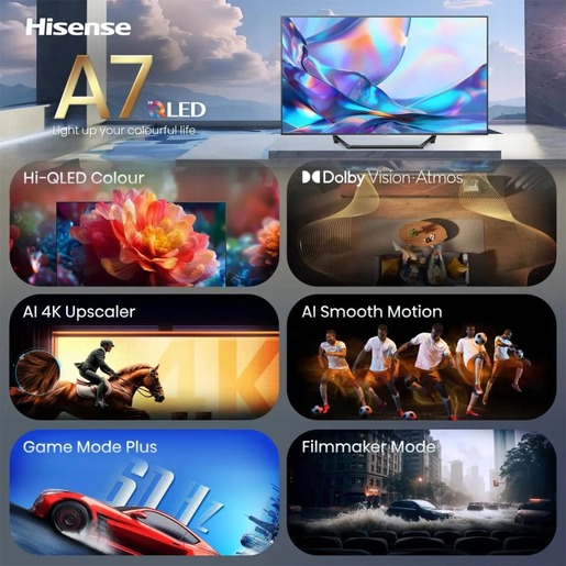 Hisense 43" Hi-QLED Smart TV 43A7S, 4K Ultra HD, VIDAA Smart, 60Hz Game Mode Plus
