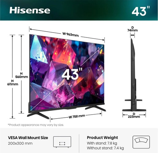 Hisense 43" Hi-QLED Smart TV 43E7S PRO, 4K Ultra HD, VIDAA Smart, 144Hz Game Mode