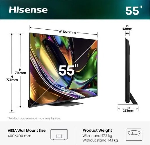 Hisense 55" RGB MiniLED TV 55UR8S, 4K Ultra HD, VIDAA Smart, Hi-View AI Engine, 180Hz Game Mode