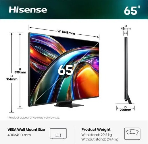 Hisense 65" RGB MiniLED TV 65UR9S, 4K Ultra HD, VIDAA OS, Hi-View AI Engine RGB, 170Hz Game Mode