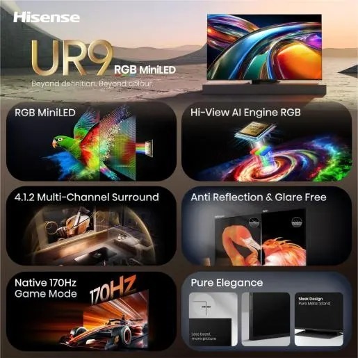 Hisense 65" RGB MiniLED TV 65UR9S, 4K Ultra HD, VIDAA OS, Hi-View AI Engine RGB, 170Hz Game Mode