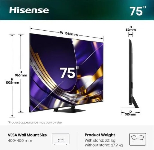Hisense 75" ULED MiniLED TV 75U7S PRO, 4K Ultra HD, VIDAA Smart, Hi-View AI Engine Pro, 165Hz Game Mode