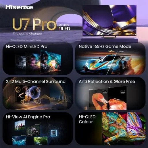 Hisense 75" ULED MiniLED TV 75U7S PRO, 4K Ultra HD, VIDAA Smart, Hi-View AI Engine Pro, 165Hz Game Mode