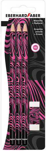 Set olovka grafitna HB x3 + gumica Eberhard Faber Winner, neon roza