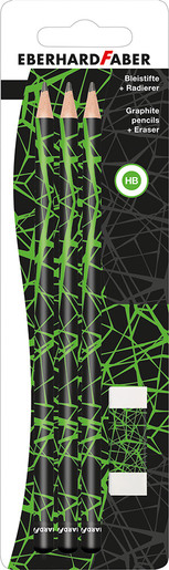 Set olovka grafitna HB x3 + gumica Eberhard Faber Winner, neon zelena