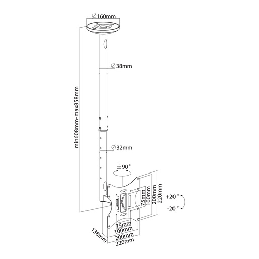 SBOX stropni nosač CPLB-28S, 23-43", do 30kg, 200x200