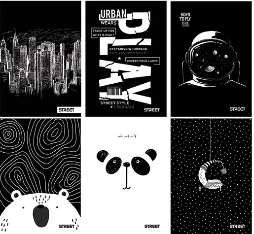 Set bilježnica Street Black&White, A4 linije, 52 listova, meki uvez, 10 KOM