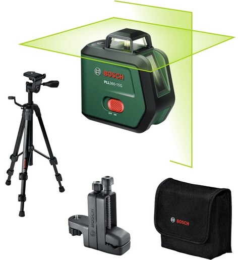 BOSCH aku laserski nivelir premium set PLL360-15G, li-ion, 500 - 540 nm, 15/30 m + stativ TT120 + stezaljka MM 3 + torba