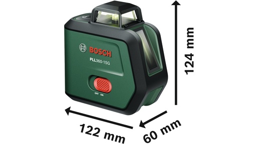 BOSCH aku laserski nivelir premium set PLL360-15G, li-ion, 500 - 540 nm, 15/30 m + stativ TT120 + stezaljka MM 3 + torba