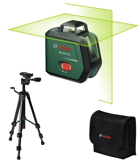 BOSCH aku laserski nivelir set PLL360-15G, li-ion, 500 - 540 nm, 15/30 m + stativ TT120
