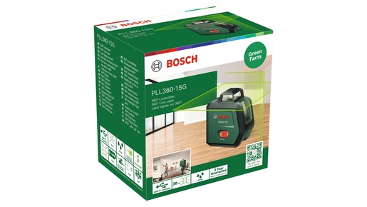 BOSCH aku laserski nivelir PLL360-15G, li-ion, 500 - 540 nm, 15/30 m