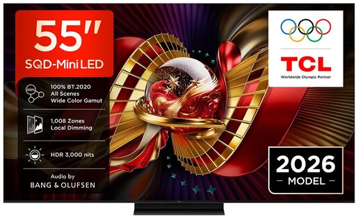TCL 55" SQD-Mini LED TV 55C8L, Premium 4K, Google TV, Dolby Vision IQ, Dolby Vision Gaming, HDR10+, Bang & Olufsen audio
