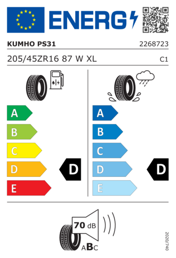 Kumho 205/45R16 Ps31 xl 87W,Pot: D,Pri: D,Buka: 70dB