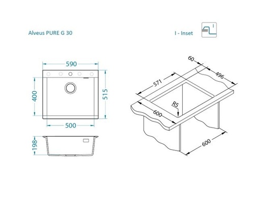 Alveus sudoper PURE-G 30 Carbon - A91
