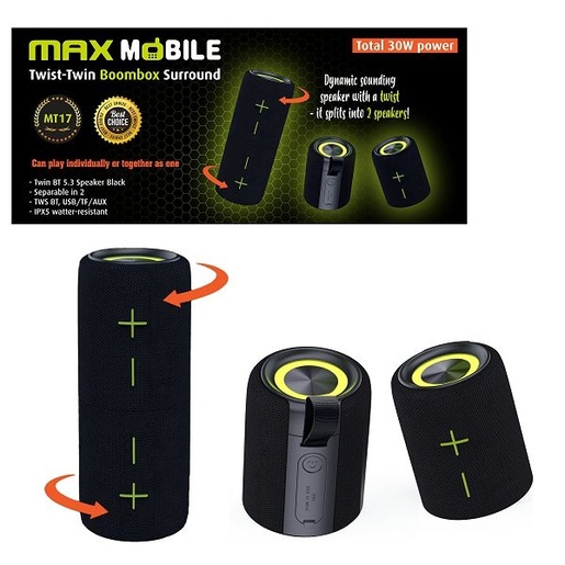 MaxMobile TWIST-TWIN BOOMBOX MT17 TWS,  Bluetooth zvučnik, crni