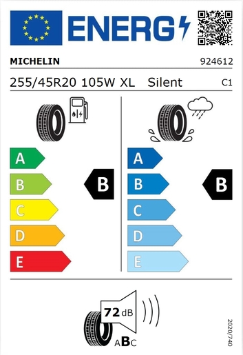 Michelin 255/45R20 PILOT SPORT EV 105W XL GOE , Pot.: B, Pri.: B, Buka: 72 dB