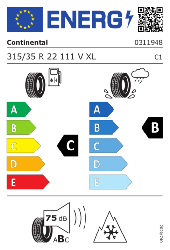 Continental 315/35R22 111V WINTERCONTACT TS 860S NC0 XL FR TL, Pot: C, Pri: B, Buka: B 075 dB