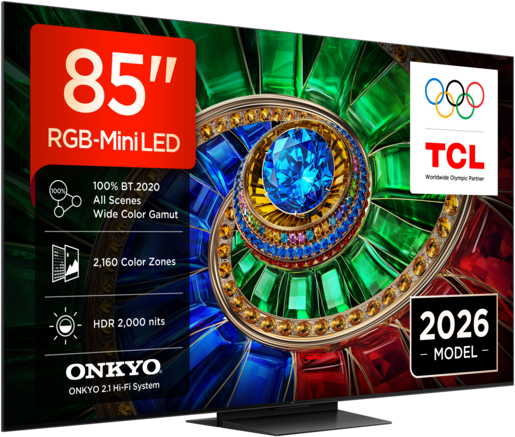 TCL 85" RGB Mini-LED TV 85RM7L, Premium 4K, Google TV, 144Hz, ONKYO 2.1 audio