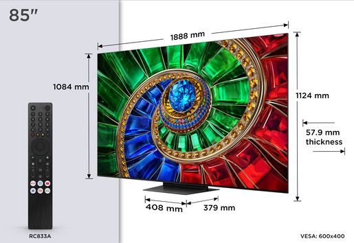 TCL 85" RGB Mini-LED TV 85RM7L, Premium 4K, Google TV, 144Hz, ONKYO 2.1 audio