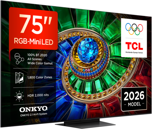 TCL 75" RGB Mini-LED TV 75RM7L, Premium 4K, Google TV, 144Hz, ONKYO 2.1 audio