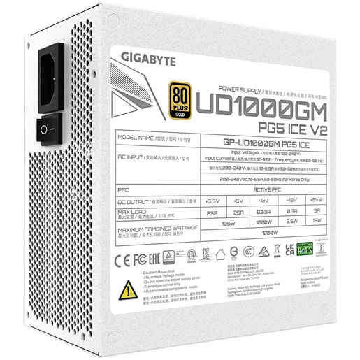 Napajanje Gigabyte UD1000GM PG5 V2 1000W, 80+ Gold, modularno, PCIe 5.1, bijelo