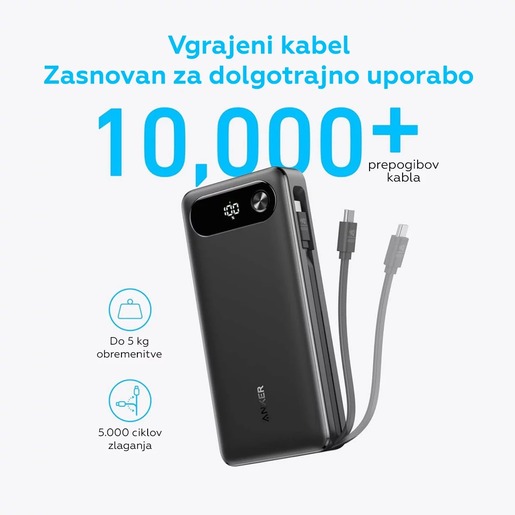 Anker Power Bank 20K 20000mAh, 87W, ugrađeni USB-C kabel, crna