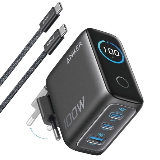 Anker GaN kućni punjač 100W, Smart Display, 2x USB-C + USB-A, crni, B121BG41